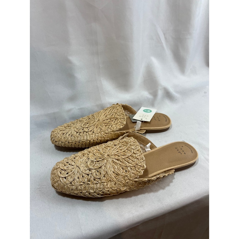 A New Day Womens Woven Straw Mules Tan Beige Floral Slip On Flat Slides Size 8.5